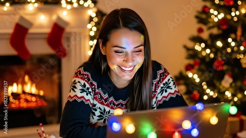 Young woman smiling while using laptop by Christmas tree and fireplace  