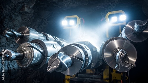Heavy industrial equipment, brightly lit underground, with multiple rotating drill bits