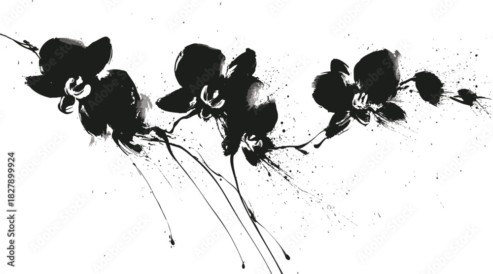 Naklejka premium Oriental ink painting of orchid flowers in traditional brush style on white background