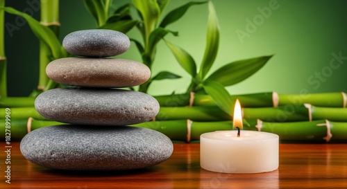 Zen Stones and Candle - A Serene Spa Scene with Bamboo.