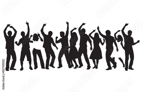 Energetic silhouettes of a diverse group of people dancing joyfully at a celebration