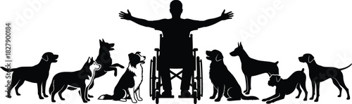 Wheelchair person with dogs silhouette, emotional support, pet therapy, companionship, disability inclusion, vector illustration, love