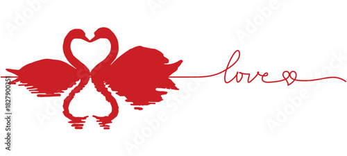 
Vector silhouette illustration of two swans forming a heart and the word "love" written with a line