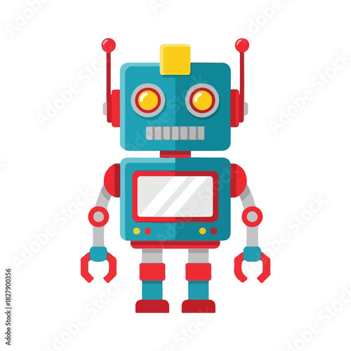 Cute cartoon blue robot with red accents and antennas standing ready for adventure