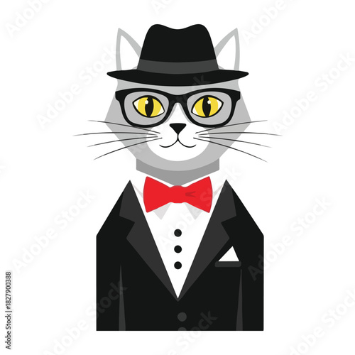 Dapper feline gentleman in a stylish suit and fedora with bright yellow eyes