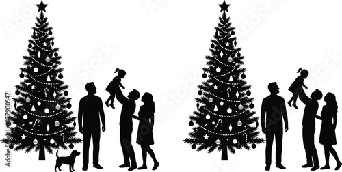 Family decorating Christmas tree silhouette, festive holiday scene, winter celebration, love, joy, tradition, vector illustration