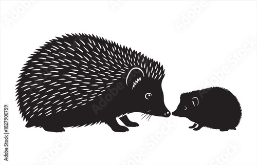 Two black silhouette hedgehogs one large and one small facing each other on a white background