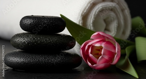 Zen Stones, Pink Tulip, and Rolled Towel - A Spa Serenity Still Life.