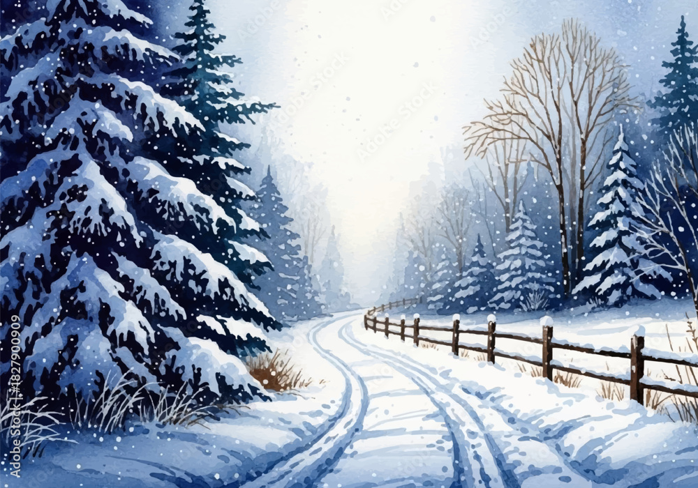 Fototapeta premium Winter wonderland watercolor illustration of a snowy forest road leading through a magical frosted landscape