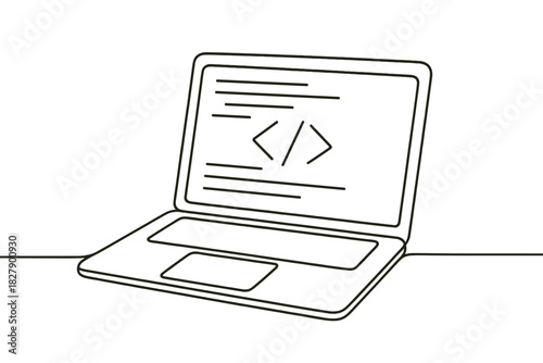Minimalist laptop with code on screen: simple desktop outline illustration