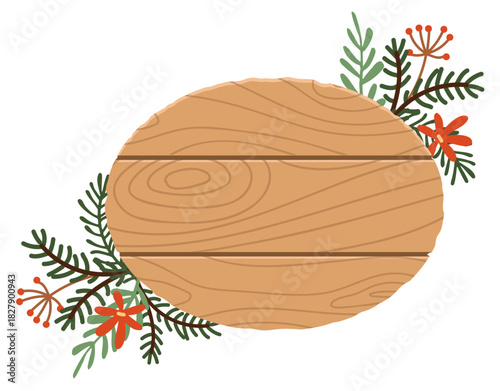 Christmas signs with wintery, festive decor. Wooden oval sign in a flat style
