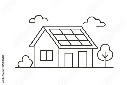 Minimalist line art of eco-friendly house with solar panels and trees