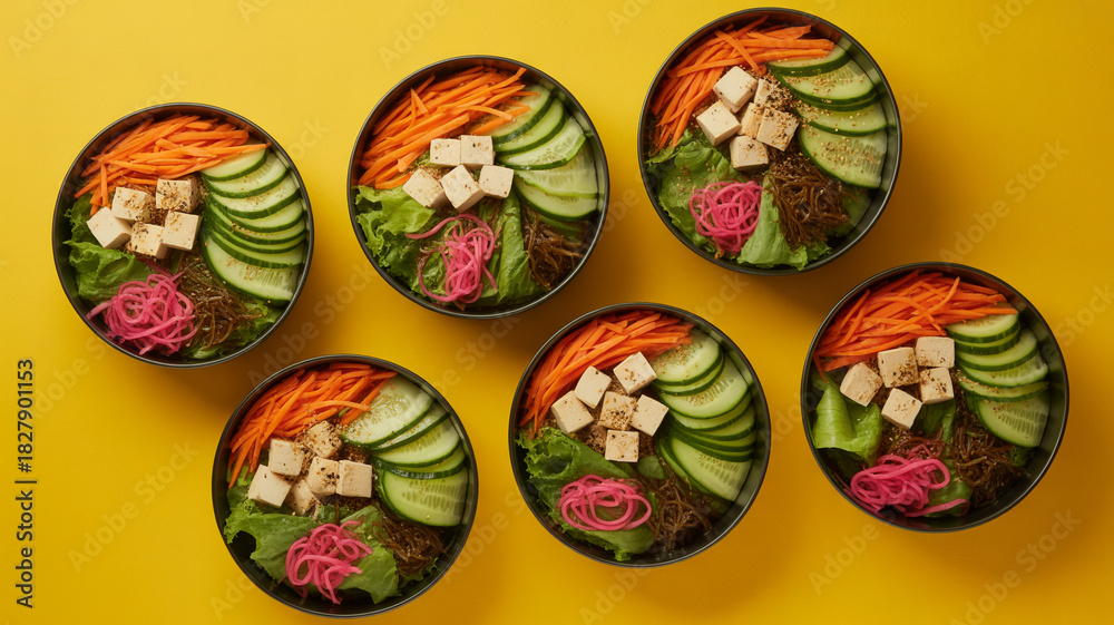 Fototapeta premium Six delicious and colorful bento boxes filled with fresh ingredients
