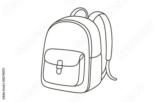 Black and white outline of a backpack with front pocket and straps