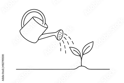 Line art of watering can nurturing a young plant in minimalist style