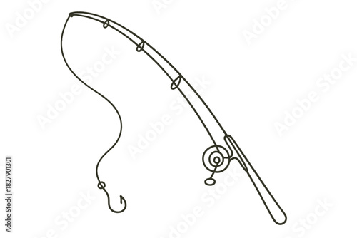 Minimalist black line drawing of fishing rod with hook