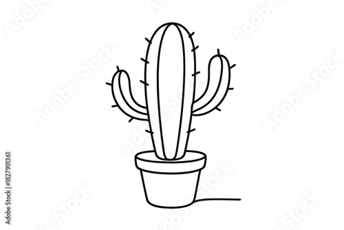 Simple black and white cactus illustration in pot with thorns