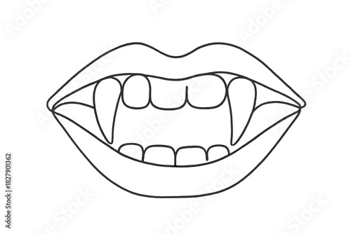 Minimalist vampire fangs drawing with open mouth in black and white