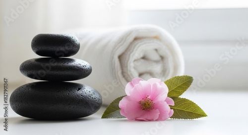 Zen Stones, Rolled Towel, and Pink Flower - A Spa Still Life.