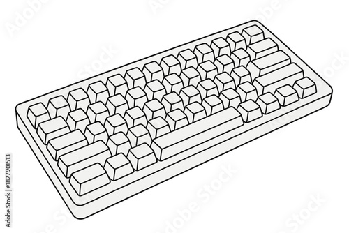 Monochrome line drawing of a mechanical keyboard with compact layout