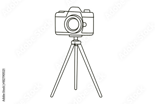 Black and white sketch of camera on tripod for photography enthusiasts