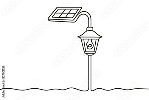 Black and white line art of solar-powered street lamp