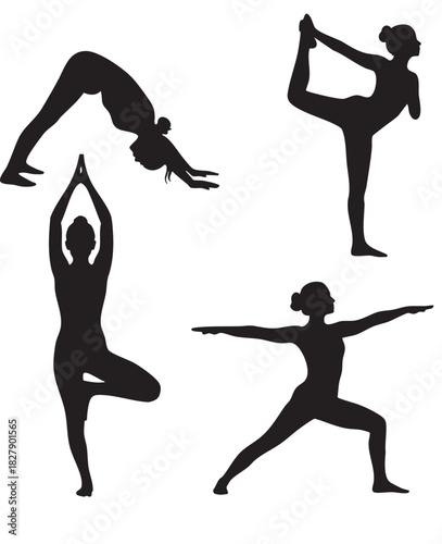Set of four black silhouettes of a woman practicing yoga poses.