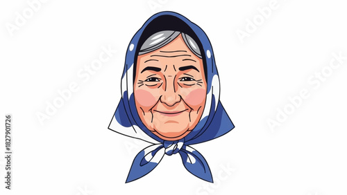 Illustration of an elderly woman with a blue and white headscarf and a kind smiling expression on her face