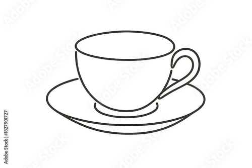 Simple black outline drawing of teacup and saucer on white background