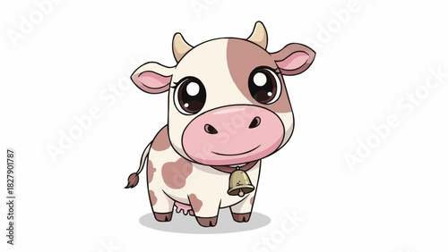 Cartoon cow with a bell collar and large eyes standing on a white background looking forward