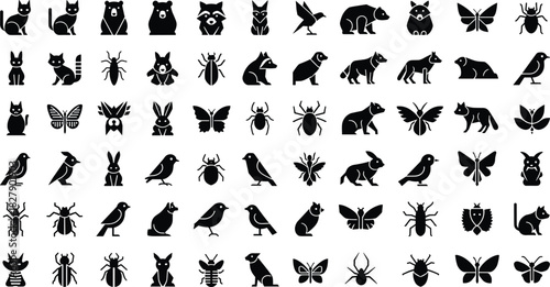 Animal icons, insect silhouettes, black style, cat, bear, fox, bird, rabbit, wolf, butterfly, spider, beetle, bee, nature, wildlife, grid, collection, graphic, design, identification, reference