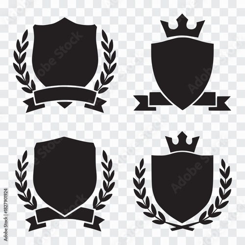 Collection of Heraldic Shields with Crowns, Wreaths, and Ribbons