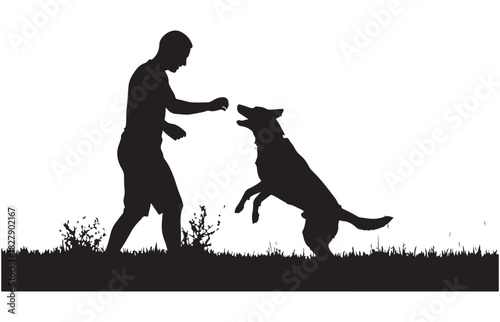 Silhouette of a person training a dog outdoors on a grassy field with a white background
