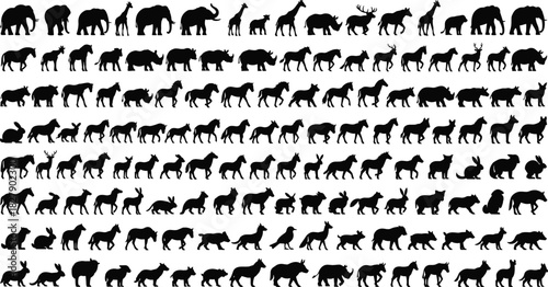 Animal silhouettes, wildlife icons, black style, elephant, giraffe, deer, horse, rhino, quadrupeds, grid, collection, nature, fauna, mammals, wild animals, graphic design, pattern, pose variation,