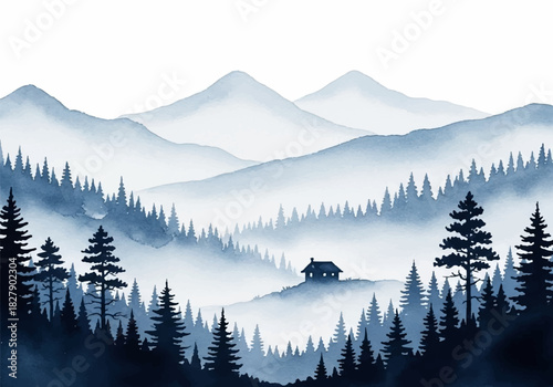Captivating serene blue watercolor landscape depicting misty mountains and a secluded forest cabin