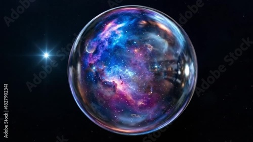 A vibrant galaxy contained within a transparent sphere, set against a dark, starfilled background