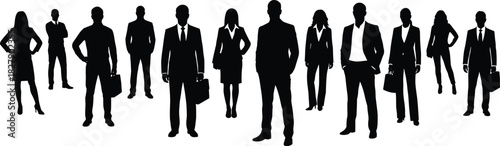 Business professional silhouettes standing in row, corporate attire, teamwork, diversity, office staff, vector illustration, leadership