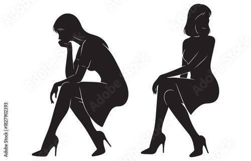 Elegant black silhouettes of two women sitting in dresses and high heels against a white background