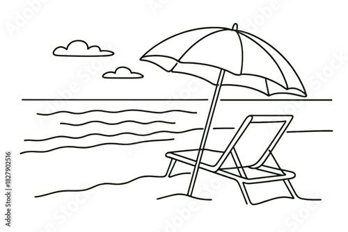 Beach scene with umbrella and lounge chair line art drawing