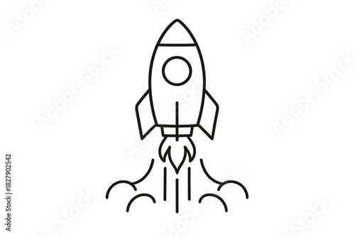 Minimalist rocket outline icon with exhaust trail in black and white