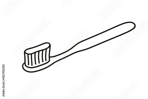 Simple black and white line drawing of a toothbrush with toothpaste