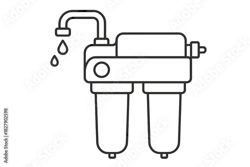 Outline of double cartridge water filter with faucet and droplets