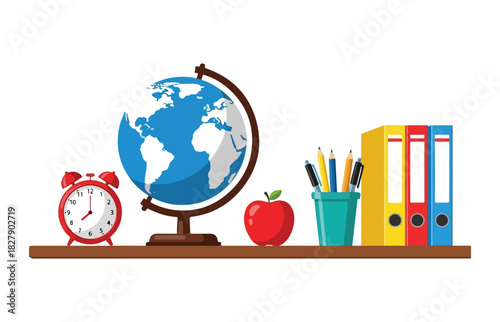 Educational supplies arranged on a wooden shelf featuring a globe alarm clock apple and stationery