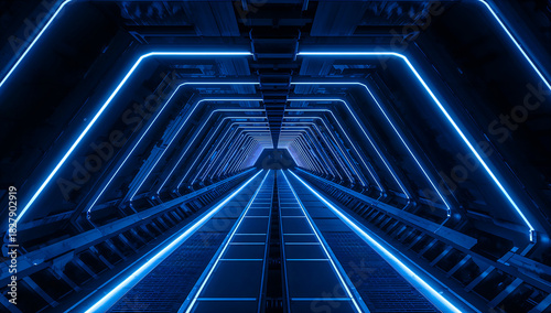 Fototapeta Naklejka Na Ścianę i Meble -  Futuristic tunnel with neon blue lights and a sense of depth