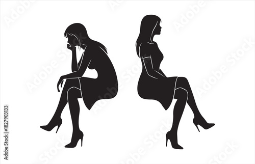 Two elegant women silhouettes sitting in opposite directions against a white background