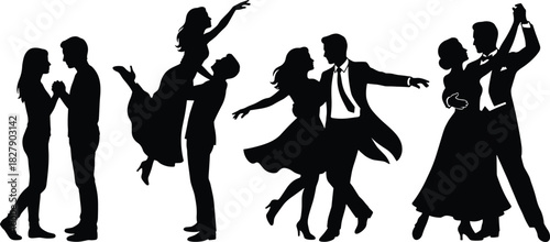 Silhouette dancing couples in various poses, elegant movement, romantic ballroom style, formal attire, graceful vector illustration