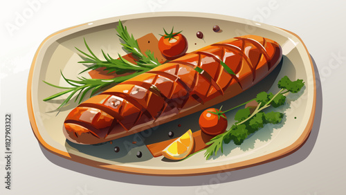 Very beautiful semi-realistic vector illustration of a grilled sausage shown from a top-view flat lay, featuring golden-brown grill marks, rich texture, and clean isolated presentation on a white back