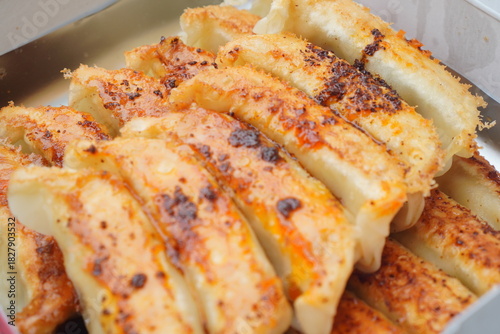 香ばしく焼き目がついた宇都宮餃子を寄りで撮影。カリカリ食感と肉汁を想像させる食欲系写真。飲食店の広告・通販食品紹介・メニュー表にもぴったり