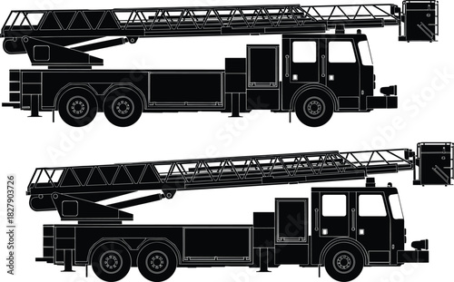 Fire truck silhouette, emergency vehicle, rescue ladder, firefighting equipment, black icon, side view, isolated graphic, vector illustration, emergency response, safety concept