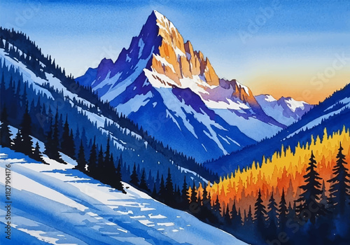 Majestic winter mountain landscape bathed in golden sunrise, a stunning watercolor painting capturing serene alpine beauty and tranquil wilderness